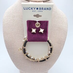 New! LUCKY BRAND Bracelet & Stud Earrings Set‎ Natural Stone & Gold Tone Beaded